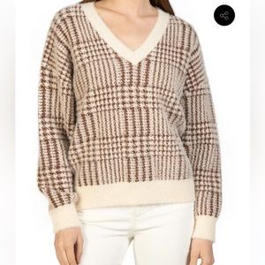 NWT Love Token Plaid Knitted V-Neck Pullover Brown and Cream Sweater